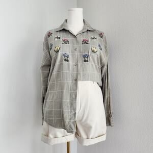 Vintage 90s Sage Green Plaid Floral Embroidered Button Up Shirt Willow Ridge L